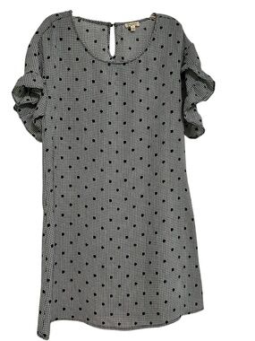 Black White Dress Ruffle on Sleeve Scoop Neck Minicheck Black Dots Small